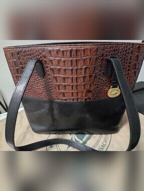 Vintage Brahmin Brown Clasic Croc Embossed Leather Tote Shoulder Bag w/ Dust Ba